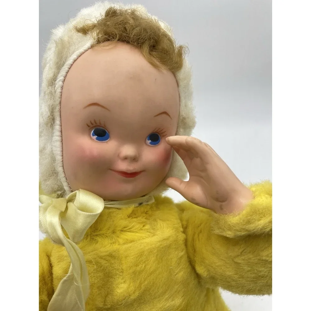Vintage Rubber Sweet Face Baby Doll Yellow‎ Suit Brown Hair Moving Arms Rushton?